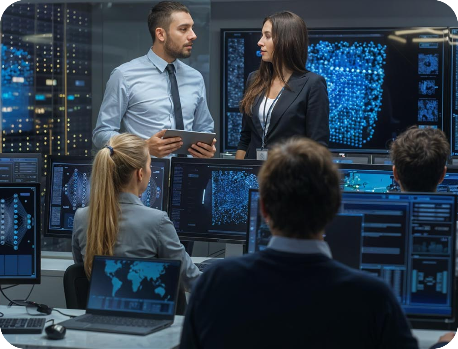 A group of people working collaboratively in front of computers at DeepMindWorks.