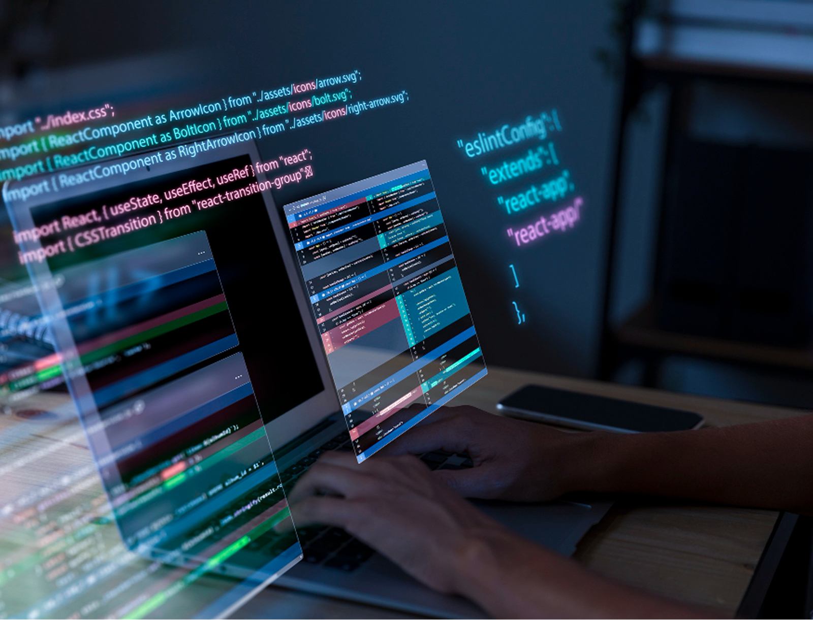 A person typing on a laptop displaying lines of code, representing a programming or coding task at DeepMindWorks.