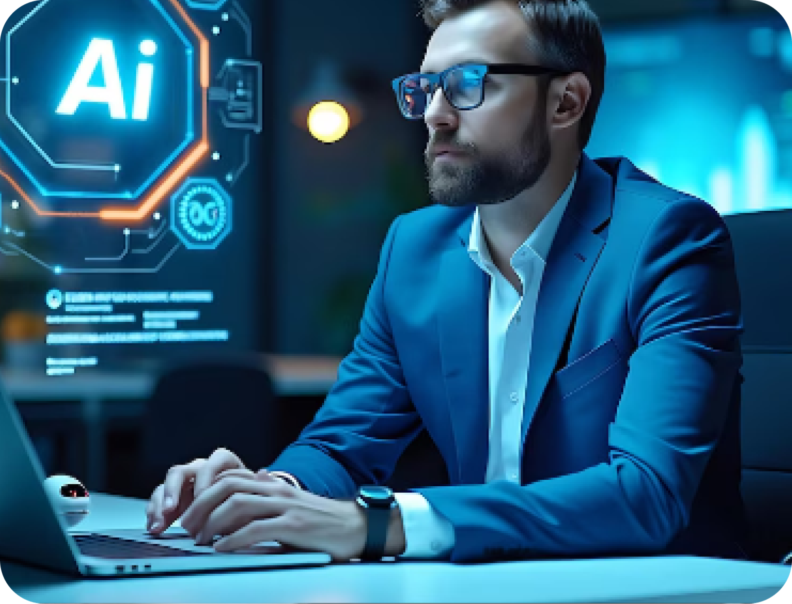Image promoting AI solutions for business by DeepMindWorks, featuring the text "AI for Business" prominently displayed.