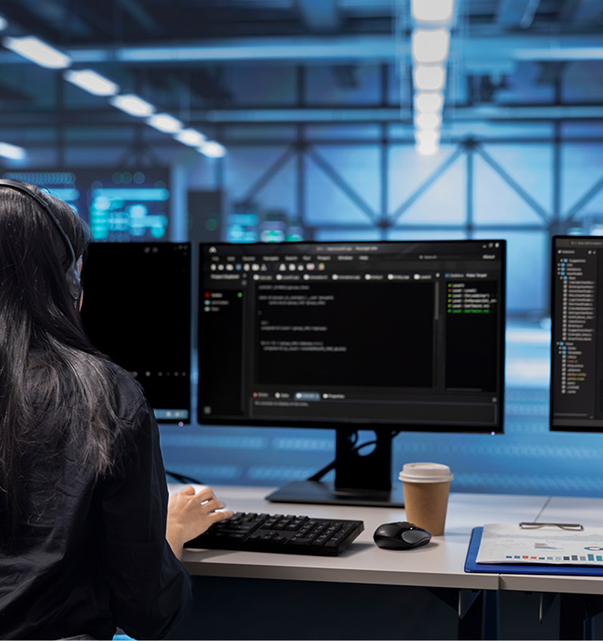 A woman working at a desk with three computer screens, focused on her tasks at DeepMindWorks.