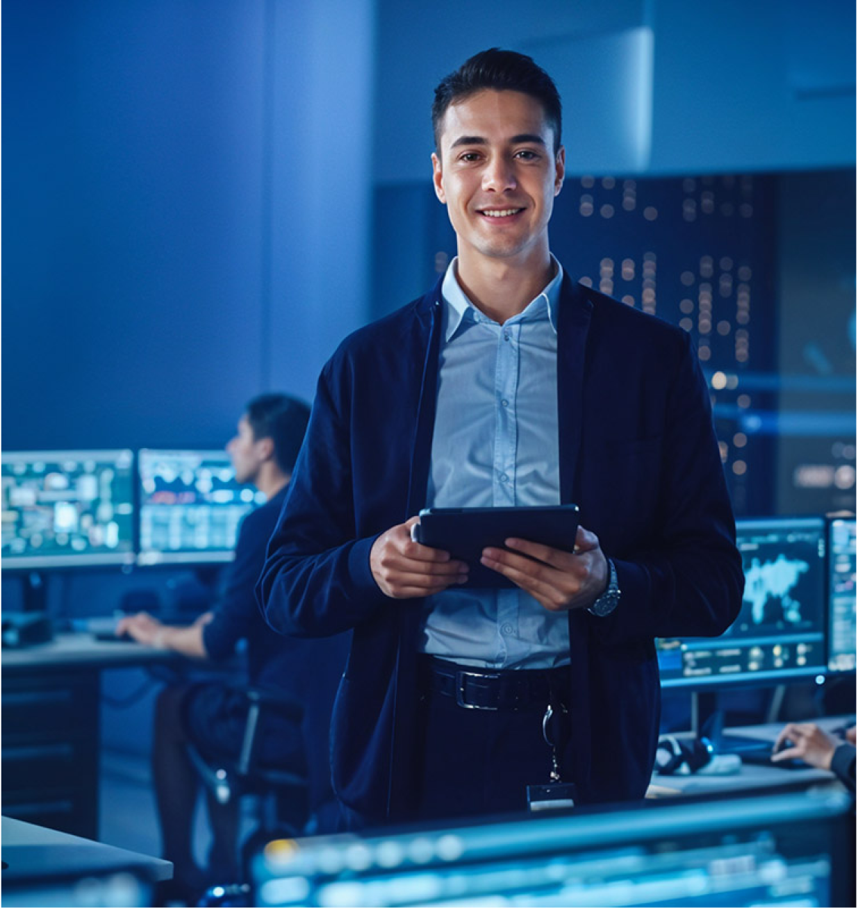 A man in a suit stands in front of a computer screen, representing DeepMindWorks' professional environment.