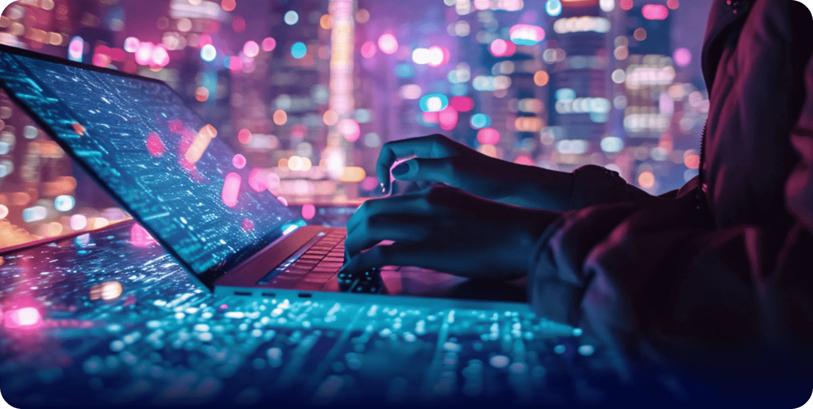 A person typing on a laptop with a city skyline in the background, representing DeepMindWorks' innovative approach.